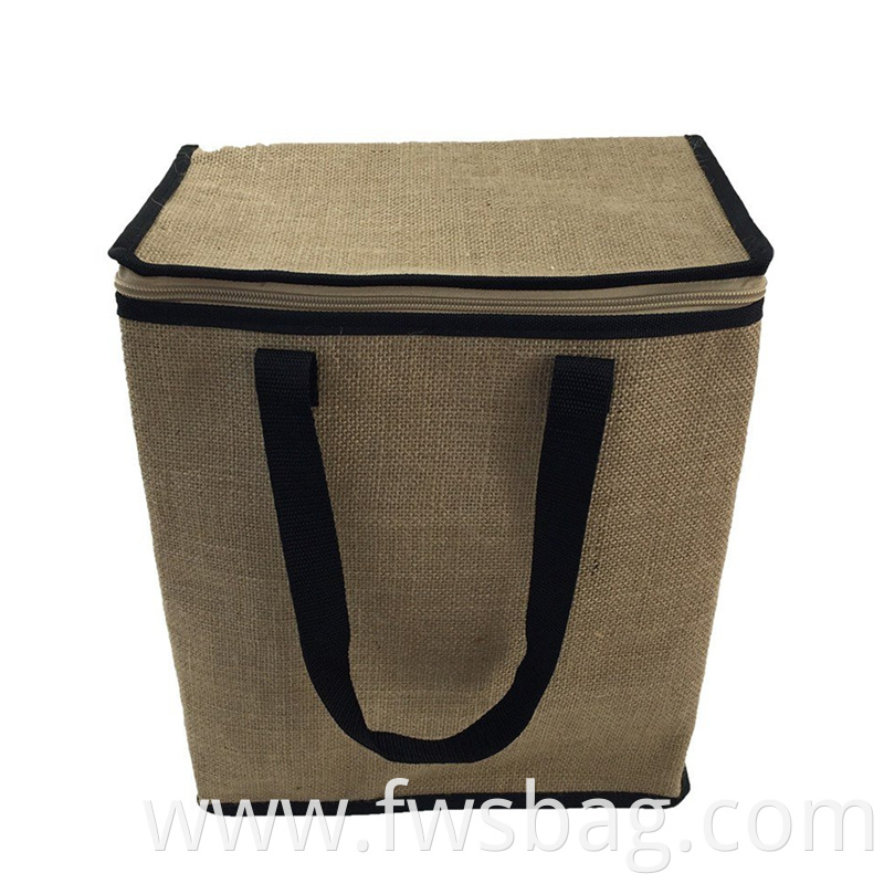 Eco Friendly Zippered Reusable Custom Logo Insulated Tote Hessian Jute Cooler Bag For Food foil insulated bag